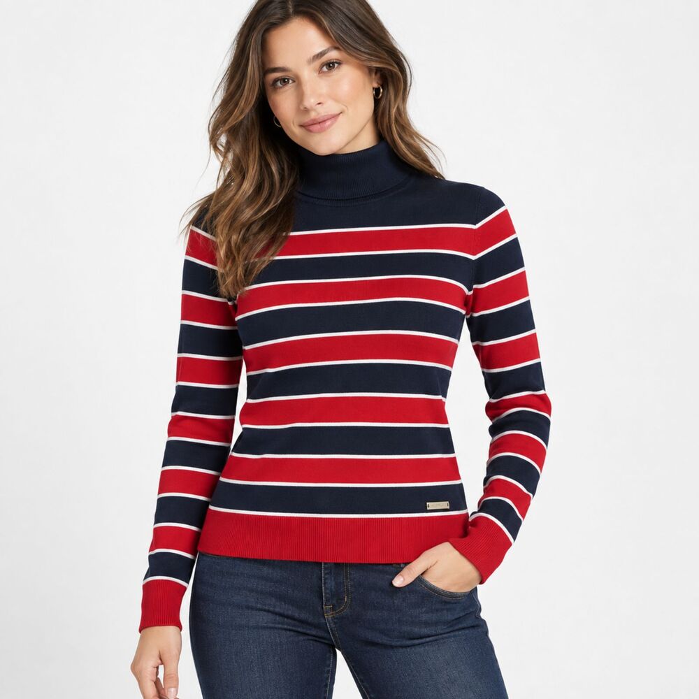 Tommy Hilfiger Women’s S Striped Turtleneck Sweater Red Navy White Preppy